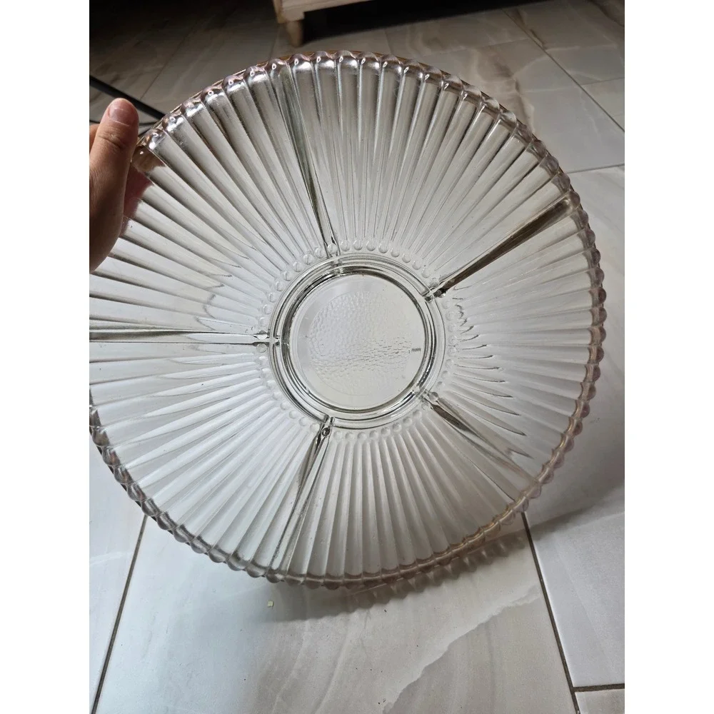 Vintage Divided Glass Relish Tray Gold Rim Ribbed 4 Section Round Server 14in E1